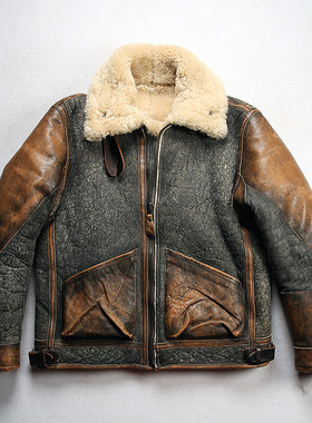 美式复古做旧D3投弹手空皮毛一体飞行服夹克男复刻RRL绵羊皮皮草