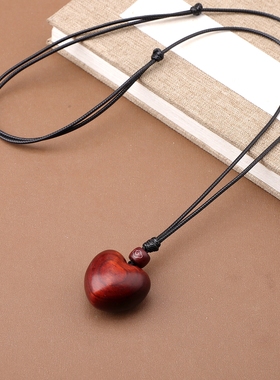 简约檀木桃心爱心毛衣链木质吊坠项链长款休闲风棉麻配饰文艺气质