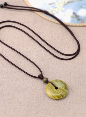 天然绿檀木平安扣项链长款木质吊坠民族风毛衣链古风饰品新款挂件