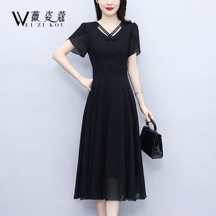 黑色连衣裙2024新款 夏气质名媛高端女神范高级感显瘦雪纺中长裙子
