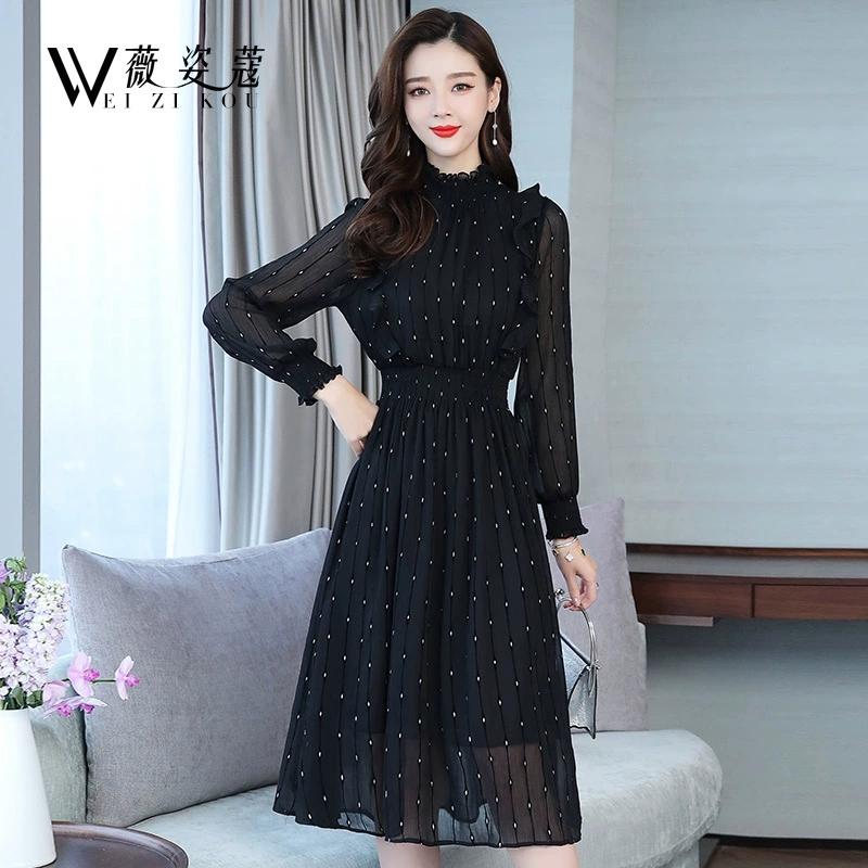 Váy voan dài tay áo dài 2021 xu hướng quần áo phụ nữ mới mùa xuân và mùa thu hoa tính khí đầu xuân thời trang váy dài trung niên - Váy dài