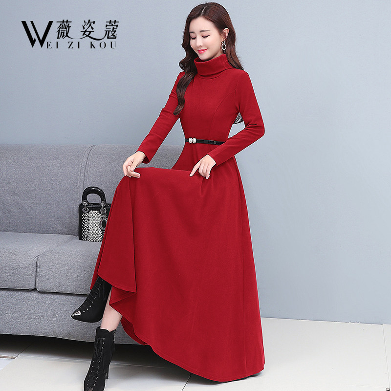 秋冬裙女连衣裙2021年新款气质红色加绒加厚配大衣中长款打底裙子