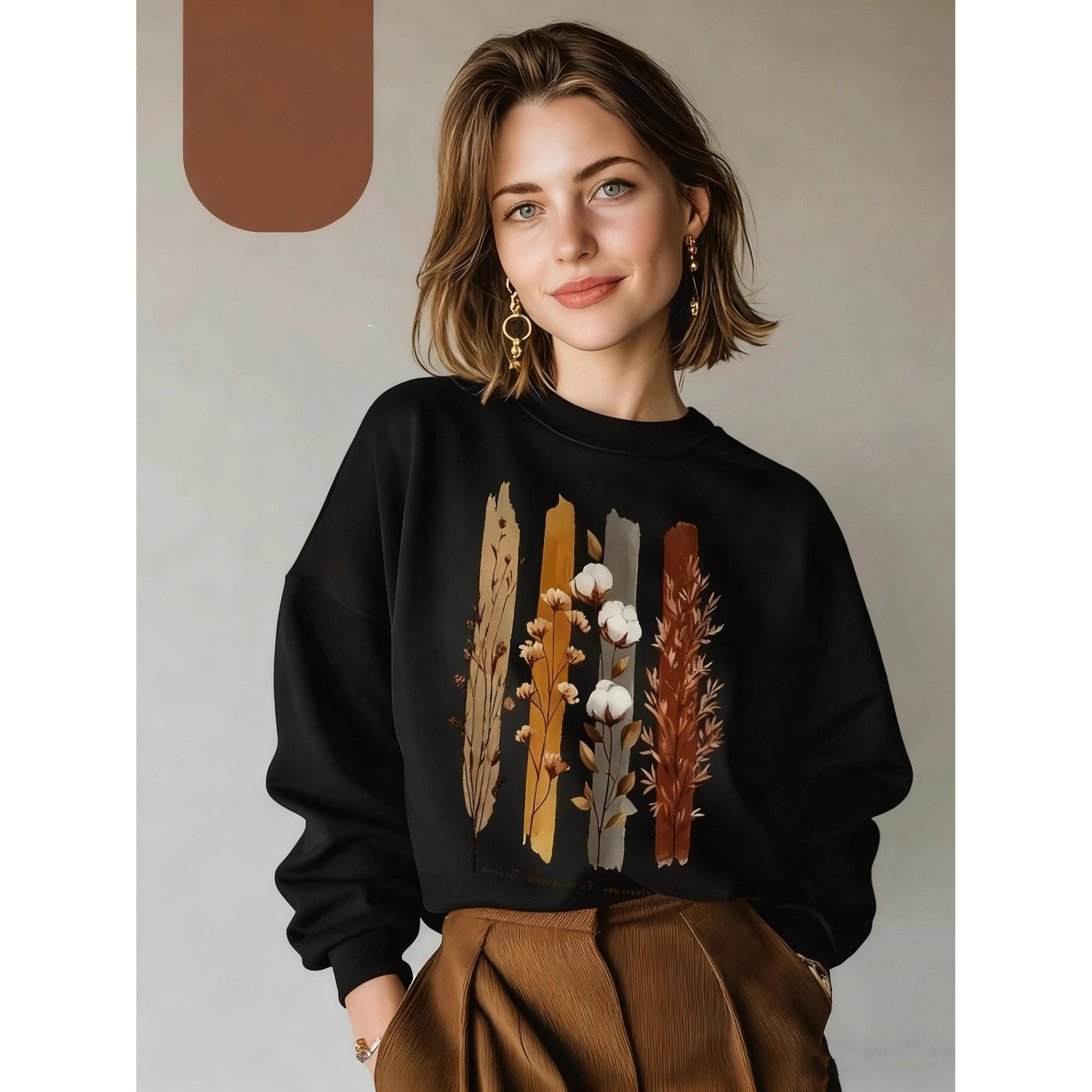 欧美风新款时尚休闲宽松圆领长袖印花卫衣上衣 Loose printed top