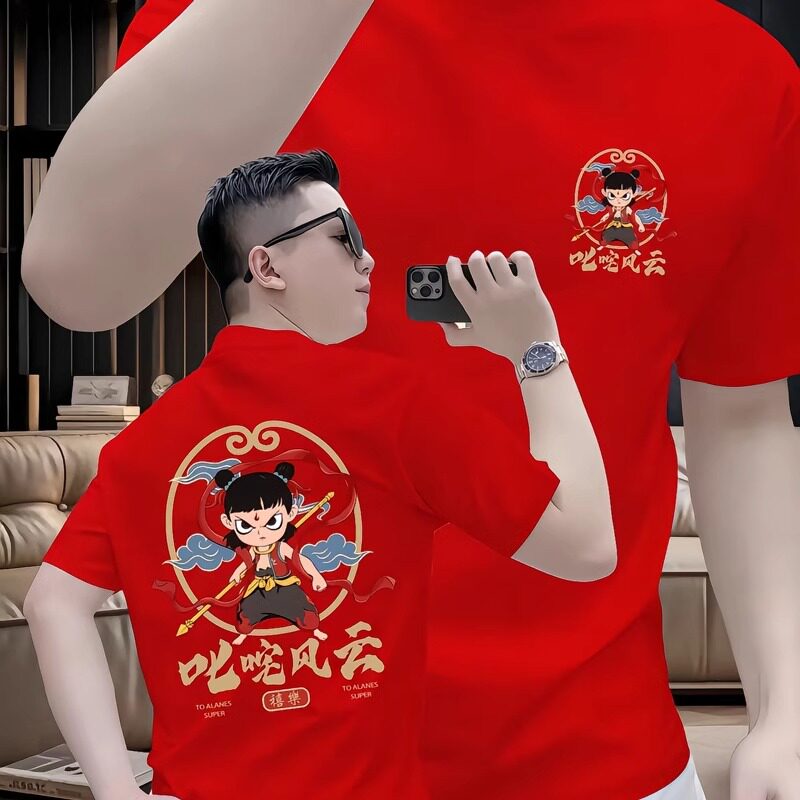 潮牌潮流短袖t恤男士夏季新款流行哪吒印花修身红色半袖体恤上衣