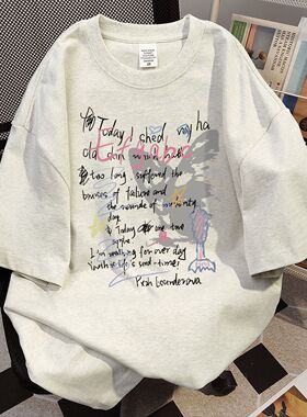 纯棉ins个性街头风夏季新款短袖t恤女oversize宽松圆领百搭上衣服