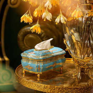 高档家居摆件铜配瓷纸巾盒欧式美式抽纸盒法式豪华复古餐巾纸盒