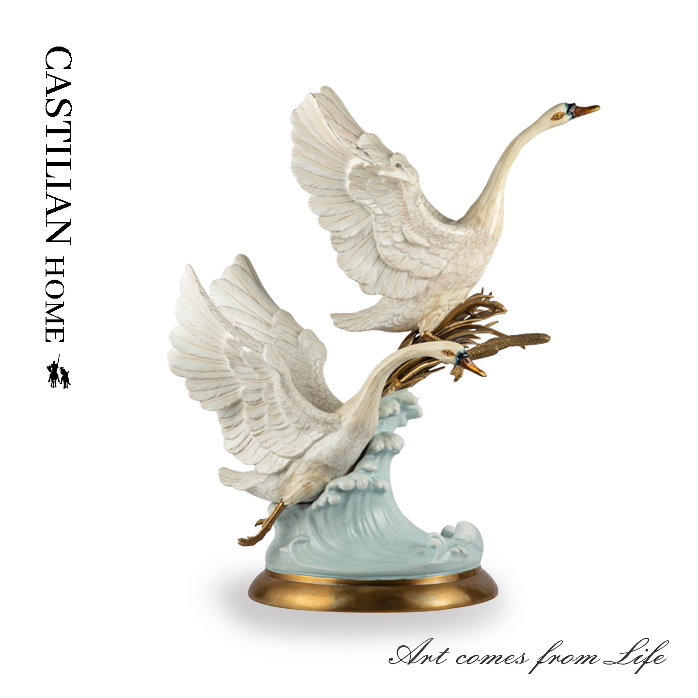 新中式陶瓷双飞天鹅招财摆件