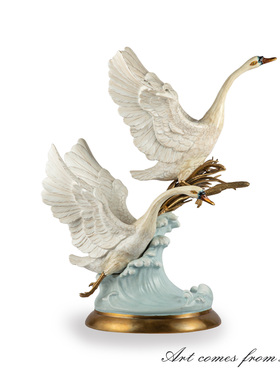 陶瓷天鹅摆件招财比翼双飞客厅玄关桌面家居艺术摆件装饰品C1406