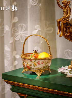 铜配陶瓷欧式高级感高脚手提篮果盘高端水果篮家用客厅茶几C6358