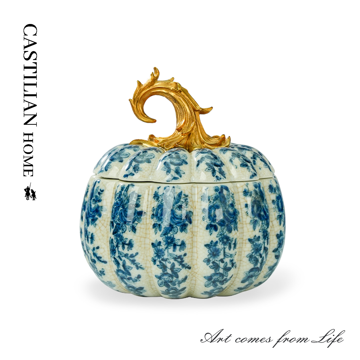 新中式青花南瓜储物罐客厅入户玄关收纳摆件茶叶罐陶瓷高档C6505