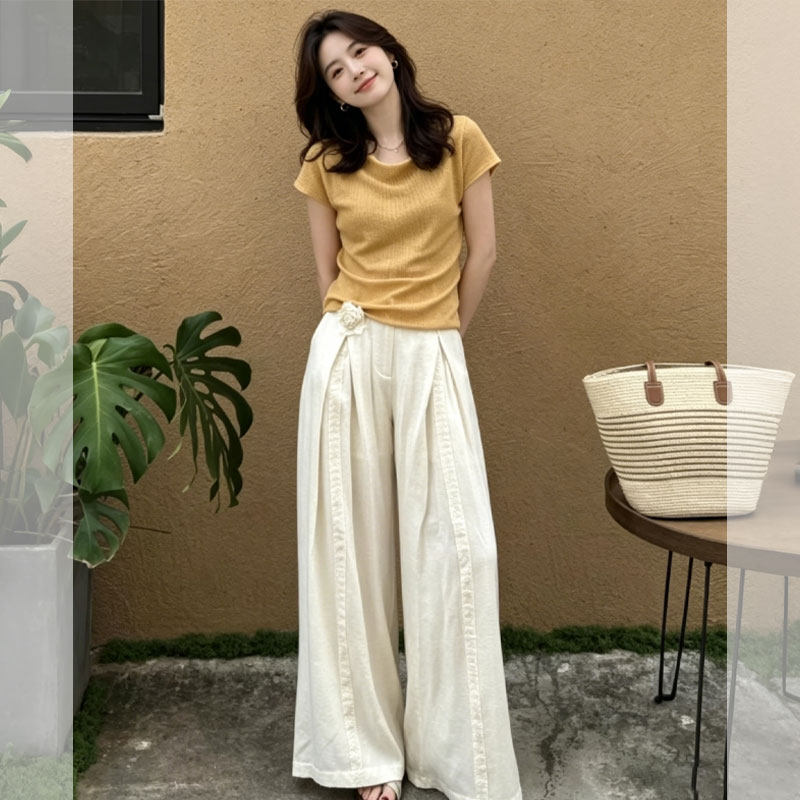 2026夏季新款小个子韩里韩气穿搭黄色T恤显瘦阔腿裤两件式套装女