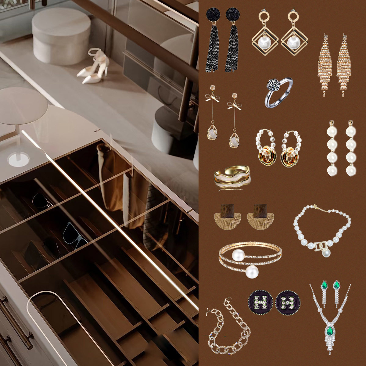 样板间衣帽间手链耳钉首饰项链耳环戒指配饰软装道具梳妆台装饰