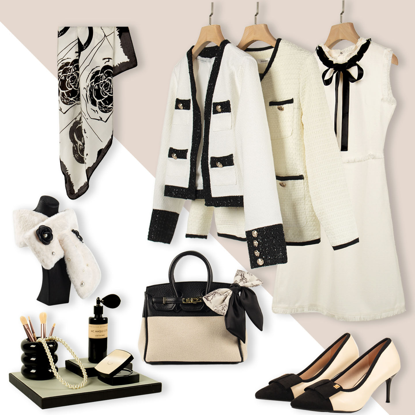 黑白小香风服饰样板间衣帽间衣柜轻奢粗呢连衣裙外套软装道具