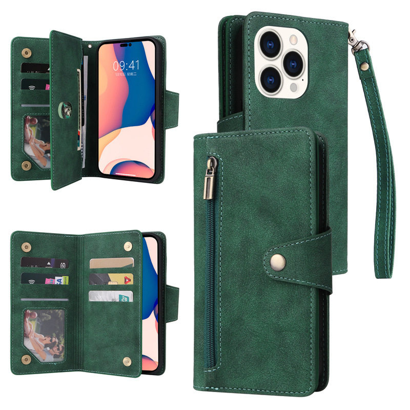 适用iPhone14 Pro复古磨砂铆钉拉链包手机套翻盖苹果14