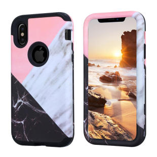 适用iPhone x三合一拼色大理石防震防摔手机苹果8水贴保护后壳