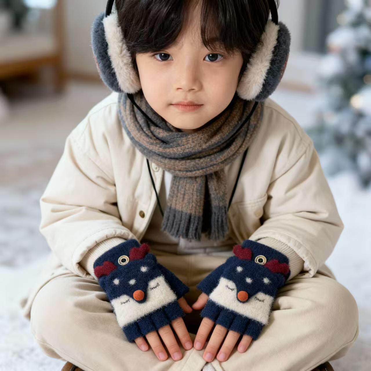 儿童冬季保暖露半指手套翻盖2-5岁宝宝卡通女童男孩写字画画手套4