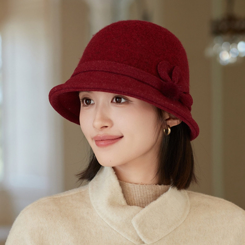 秋冬季韩版英伦复古盆帽休闲韩版百搭羊毛呢渔夫帽女中老年人保暖