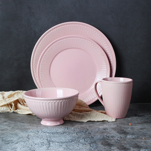 碗碟套装 北欧陶瓷餐具浮雕汤碗菜盘子创意个性 粉色家用牛排盘餐碟