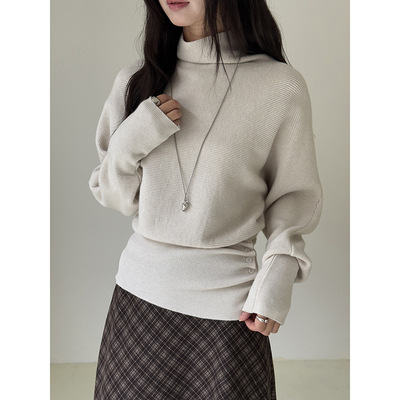 【简爱乐章】不规则纽扣收腰半高领针织衫冬季套头毛衣j821c