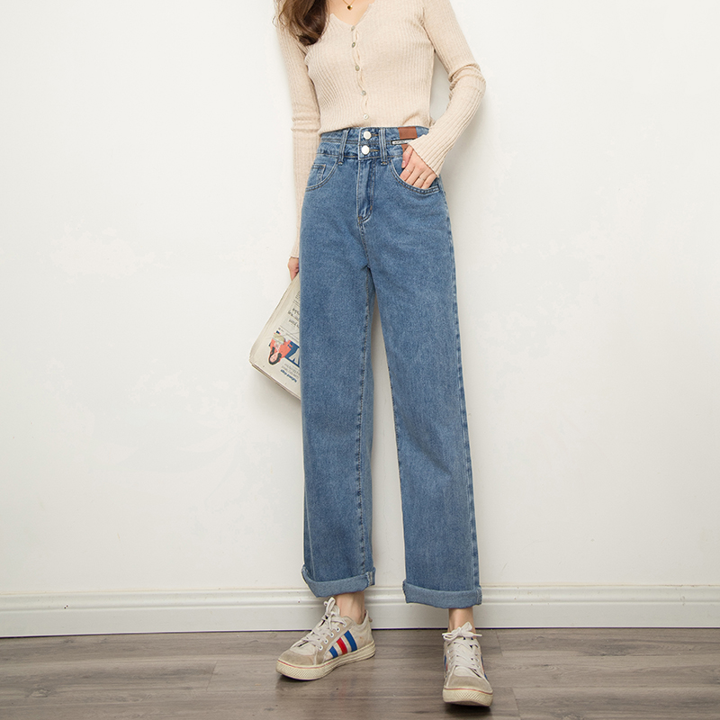 復(fù)古牛仔褲女2022春秋季新款小個子寬松高腰顯瘦韓系直筒褲潮ins