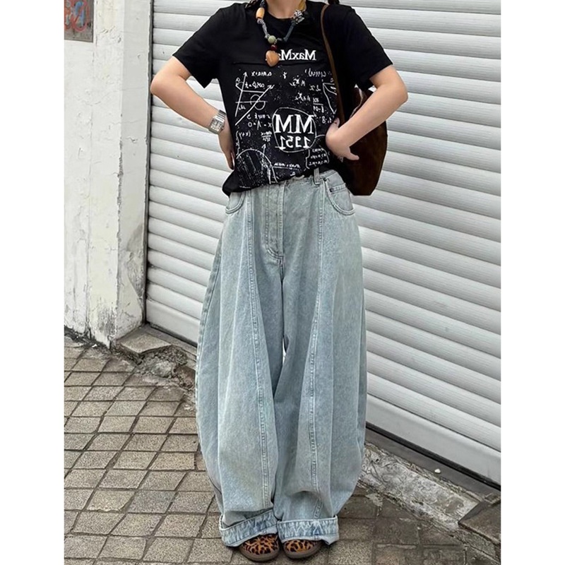 D9045百搭甜酷学院风牛仔裤女春秋季新款宽松高腰显瘦拖地牛仔裤