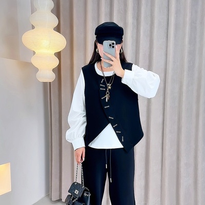 2025年秋季新款大码女装设计感复古马甲+喇叭袖圆领t恤9106ab