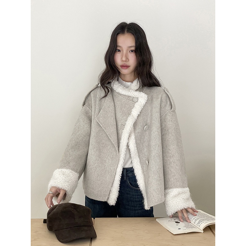 【雪沫朗姆羊毛外套】设计感羊羔毛拼接立领羊毛外套女w898c