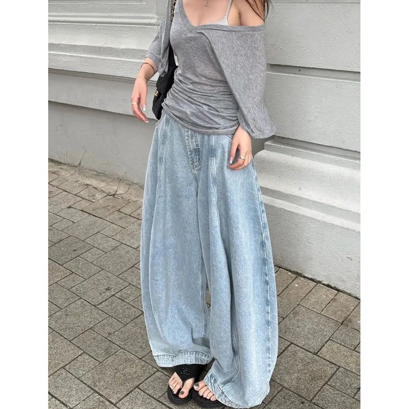 D9045百搭阔腿牛仔裤女春秋新款高腰韩版显瘦宽松垂感拖地牛仔裤