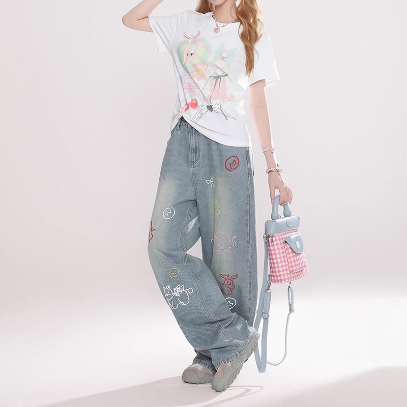 D9065趣味卡通刺绣牛仔裤女春秋季新款潮牌水洗裤子阔腿牛仔裤