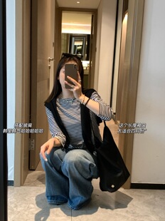 新款船领 女款时尚百搭七分袖条纹针织打底衫
