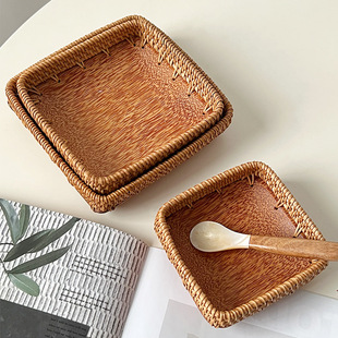 复古藤木编织小果盘点心糖果零食坚果干果水果盘野餐篮面包托盘