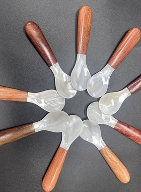 天然贝壳白色勺子花梨木柄勺简约水果甜品果酱勺咖啡勺鱼子酱勺