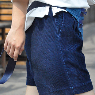 靛DIAN 蓝染条绒短裤 条绒裤子 草木染植物染色纯棉短裤