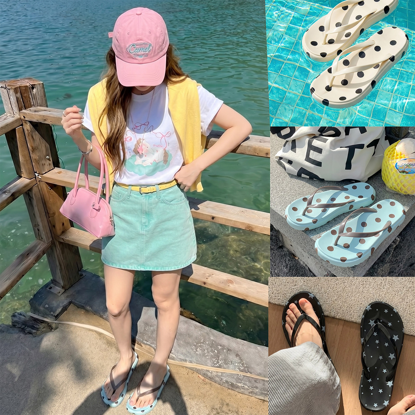 波点人字拖女夏外穿度假新款沙滩防滑厚底绝美夹脚游泳凉拖鞋海边