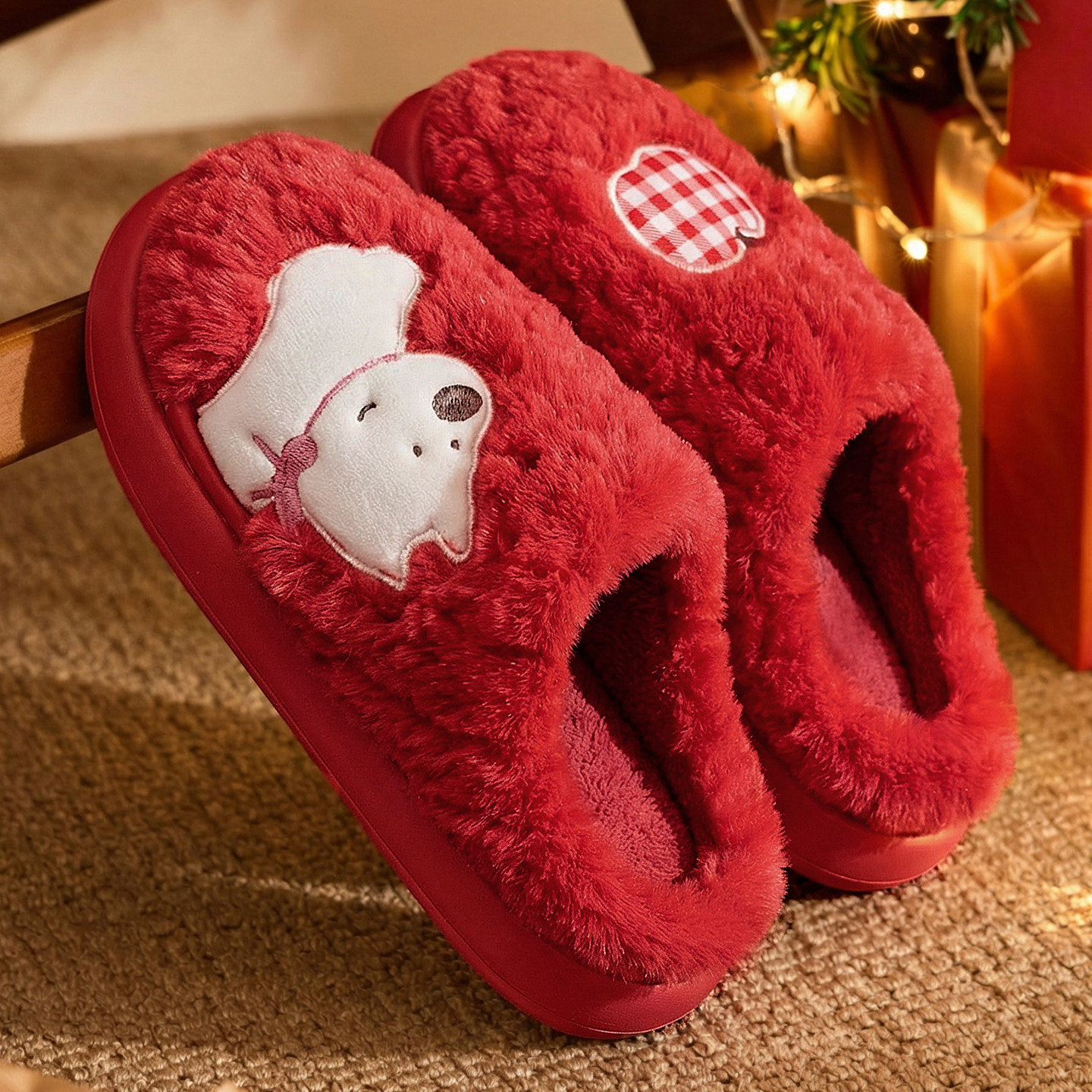 红色棉拖鞋女款冬季2026新款居家保暖情侣结婚毛绒拖鞋圣诞男秋冬