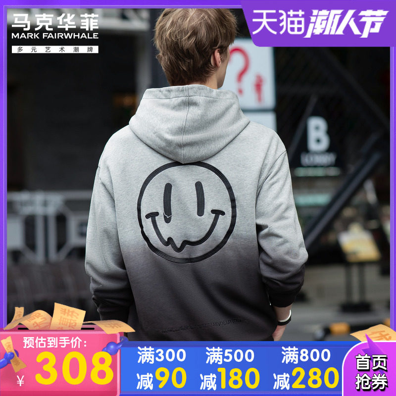 马克华菲刺绣渐变连帽卫衣男2020秋季新款笑脸绣花纯棉套头上衣潮