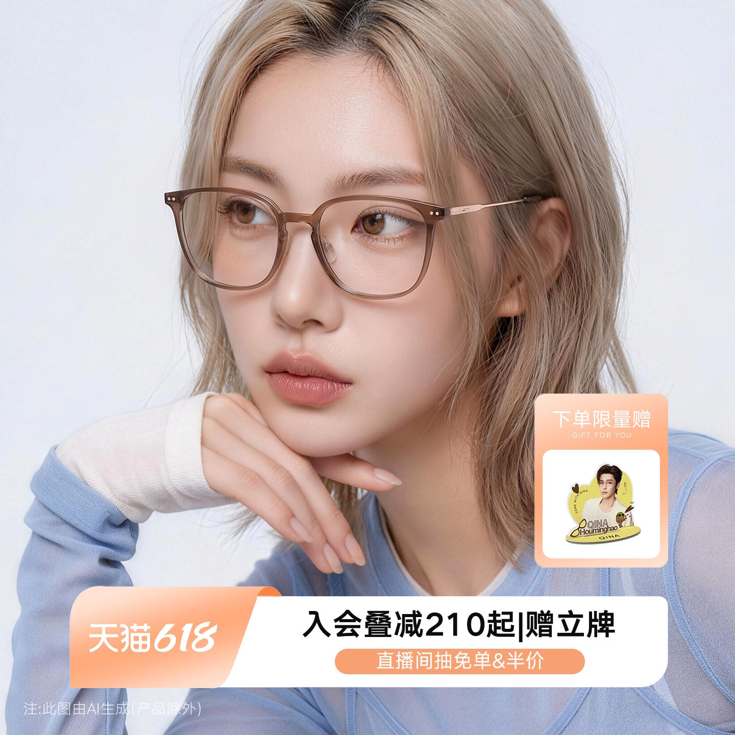 QINA亓那2026新款素颜黑框显白冷茶色近视眼镜女个性镜框男QJ5216