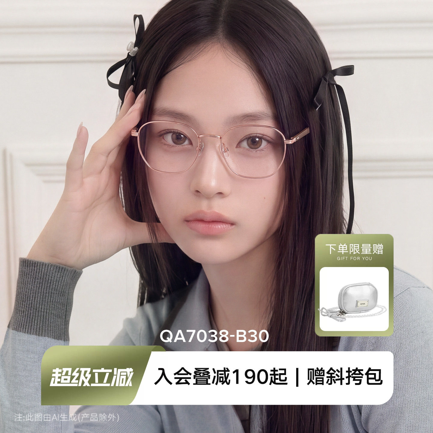 QINA亓那26新品近视眼镜框轻弹钛架复古女素颜可配度数男QA7038