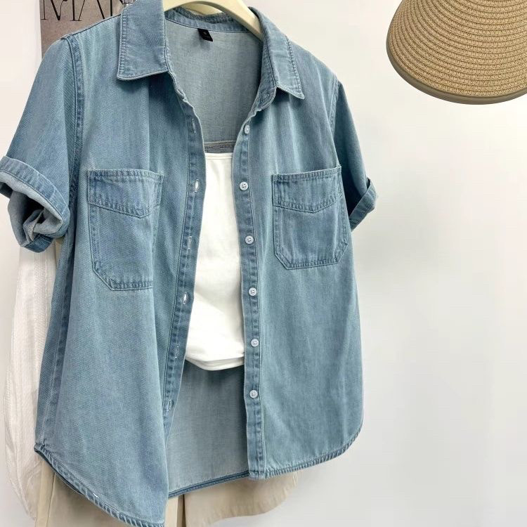 复古港味牛仔衬衫女薄款夏季宽松设计感小众上衣Polo领短袖衬衣潮