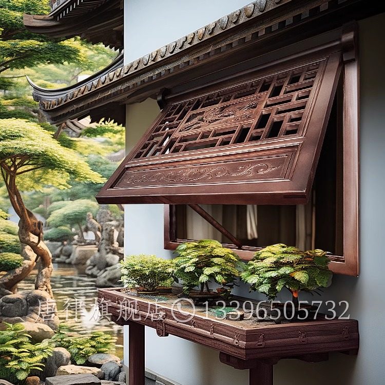 东阳木雕实木花格上翻推拉折叠木窗彷古做旧窗户雕刻覆古茶室装饰