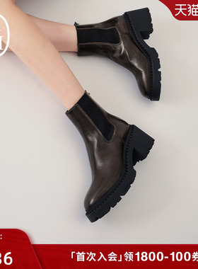 ASH女鞋2025秋冬新款NEWTON复古亮面真皮切尔西靴女靴厚底马丁靴