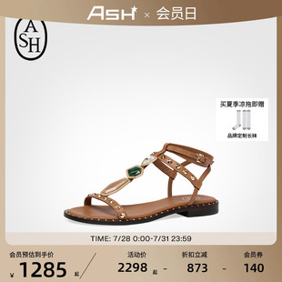 女 ASH女鞋 2025夏季 新款 PENNY铆钉真皮露趾一字扣平底粗跟罗马凉鞋