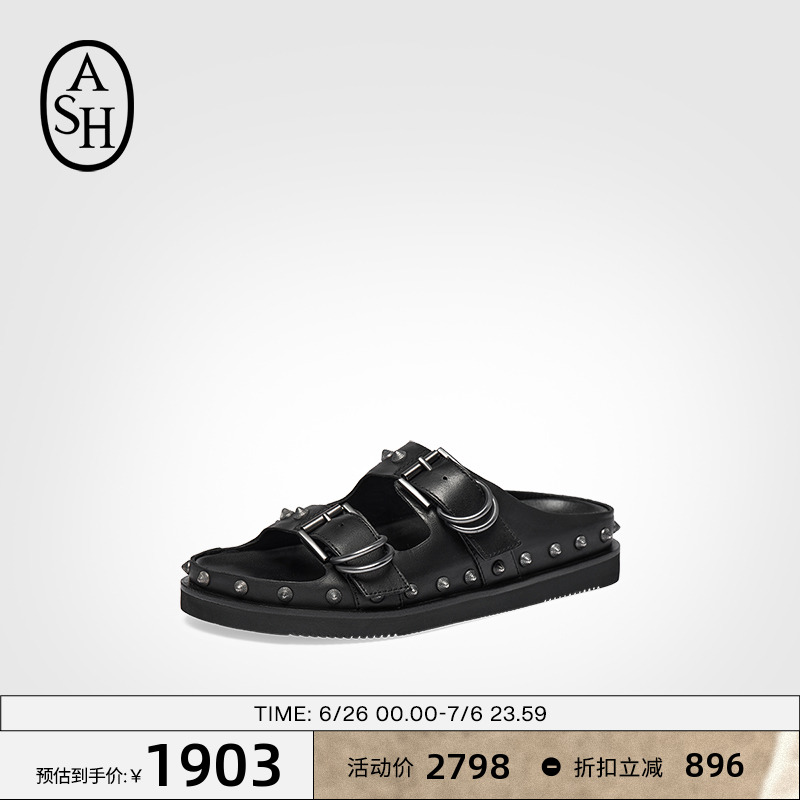 ASH女鞋2025夏季新款URUS真皮铆钉一字拖女厚底外出百搭凉拖鞋潮