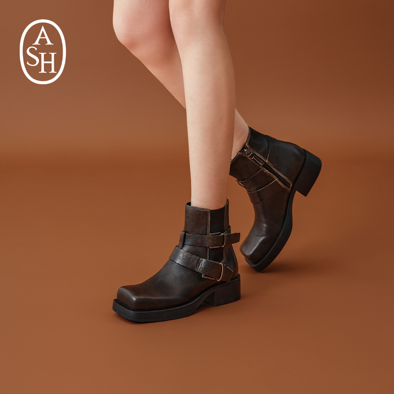 ASH女鞋2025秋冬新款YURI短筒方头切尔西靴户外露营西部靴女短靴