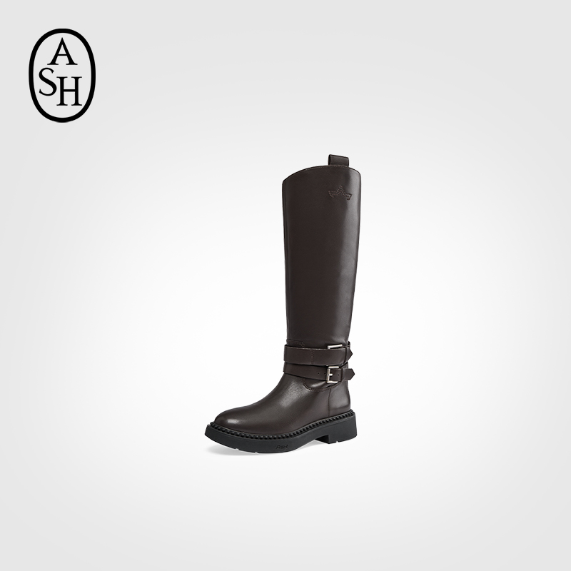ASH女靴2025秋冬新款MARLIN真皮高跟圆头女粗跟高筒靴长靴