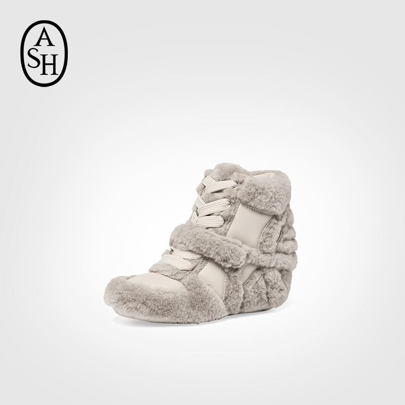ASH女鞋秋冬BOWFFY FUR高帮坡跟魔术贴毛绒百搭休闲运动鞋女
