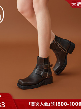 ASH女鞋2025秋冬新款YURI短筒方头切尔西靴户外露营西部靴女短靴