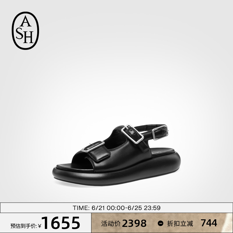 ASH女鞋2025夏季新款VIRGY真皮羊皮凉鞋女厚底露趾一字扣罗马鞋潮