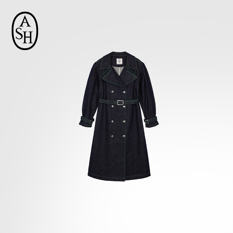 女装秋季HERBEN收腰复古水洗牛仔风衣女长款外套