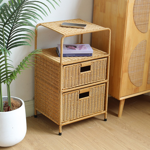 藤编多层收纳柜二层抽屉式床头柜客厅玄关整理收纳储物柜子落地架